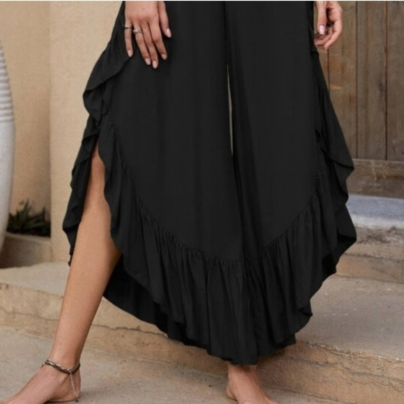 Ruffle Hem Wide Leg Pants black - Picture 6 of 8
